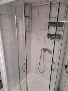 a shower with a glass door in a bathroom at Nagymackó Kuckója in Keszthely