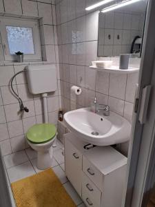 a bathroom with a green toilet and a sink at Nagymackó Kuckója in Keszthely +4 photos