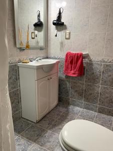 un bagno con un water, un lavandino e uno specchio di Casa Fabiana a Villa Carlos Paz