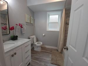 シカゴにあるBeautiful Big 3 bedroom Quiet Apt near downtownのトイレ、洗面台、窓のあるバスルーム