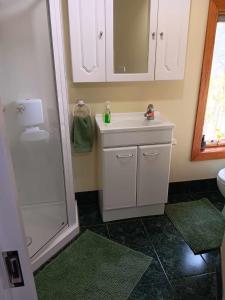 a bathroom with a white sink and a shower at The Olive House Tasmania in Flowerdale