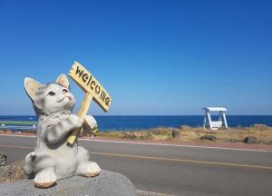 a statue of a cat holding a sign on a road at Hello Gimnyeong in Jeju +27 photos