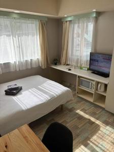 a bedroom with a bed and a television and a desk at Shinjuku宿 in Tokyo