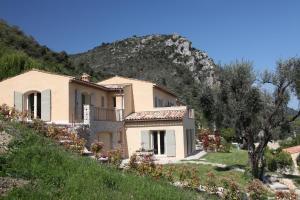 a house on a hill with a mountain in the background at Olives et Libellules in Vence