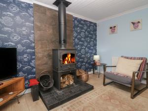 a living room with a fireplace and a tv at The Chalet in Egremont