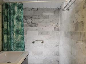 a bathroom with a shower and a sink at Family bungalow with garden in Sint Maartenszee +24 photos