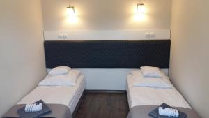 2 camas en una habitación pequeña con luces en la pared en Apartament Lazur, en Piła 6 fotos más