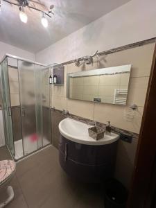 Un baño con ducha, lavabo y espejo. en La casetta di lalla, en Civitavecchia