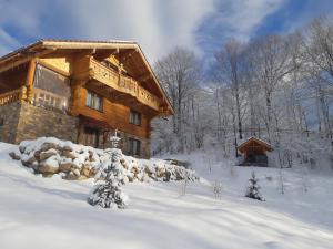 a log cabin in the snow with snow covered at Cabana Adierea Vantului Bran in Bran