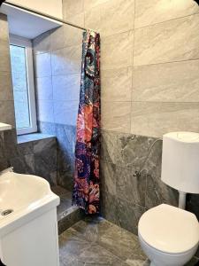 une salle de bain avec toilettes et rideau de douche dans l'établissement Dubrovnik sweet little corner apartment, à Dubrovnik