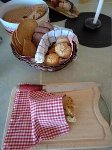 a basket of bread on a table with a plate of food at STF Orsa Hostel in Orsa +39 photos