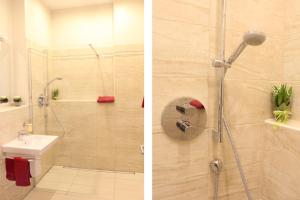 twee foto's van een badkamer met een douche en een wastafel bij Stars Berlin Apartments Zillestraße in Berlijn +9 foto's