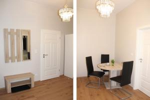 two views of a dining room with a table and chandelier at Stars Berlin Apartments Zillestraße in Berlin