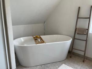 a white bath tub in a bathroom with a ladder at Nydelig fritidsbolig med sjøutsikt in Arendal