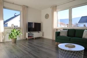 a living room with a green couch and a tv at teck flat grande in Bissingen an der Teck