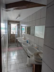 a bathroom with three sinks and two toilets at Pilgerunterkunft "Zum Bauernhof" in Egeln