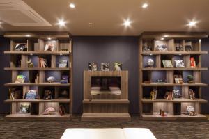 a room with a fireplace and shelves with books at HOTEL MYSTAYS PREMIER Kanazawa in Kanazawa