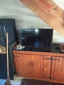 a flat screen tv sitting on top of a wooden cabinet at Emerald Hill Cottage in Mount Pleasant