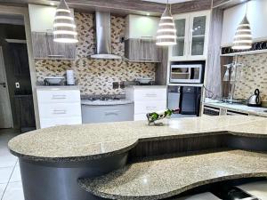 a kitchen with a island with a parrot on a counter at Batuka Damview Lodge in Tshakhuma
