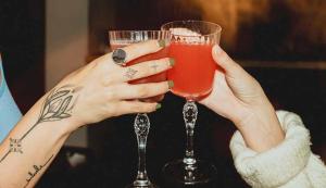 two hands holding two wine glasses in their hands at Hotel Shoshana - Adults Only in Eilat