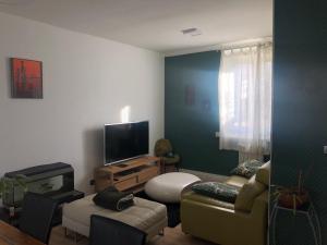 a living room with a couch and a television at ChicEthnik! Maison de ville, 3 chambres, 6 places. in Besançon