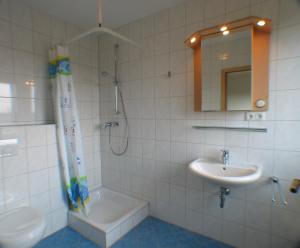 a bathroom with a sink and a shower and a toilet at Schirmer`s Hotelino in Röhrmoos