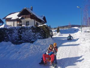 two people sitting on a sled in the snow at Apartmani Suncani breg Tara in Mitrovac +43 photos