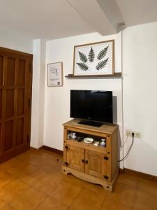 a living room with a television on a wooden cabinet at Apartamento Fray Eloy de 1 habitacion in Guadalupe