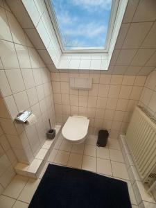a bathroom with a toilet with a skylight at Strandgut in Fehmarn +20 photos