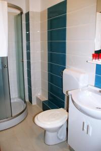 a bathroom with a toilet and a shower and a sink at Pensiunea Crimar in Ilteu