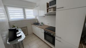 una cucina bianca con lavello e fornello di Ferienwohnung Kreuder a Wittlich 1 altra foto