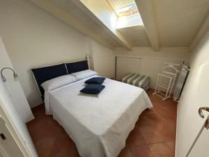 拉维罗Sotto 'o Sole的卧室里有一张床，上面放着蓝色的枕头