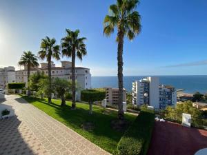 a view of a park with palm trees and the ocean at Appartement 3 chambres, piscine et vue mer in Santa Pola