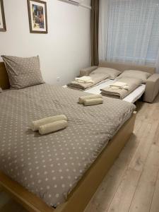 two twin beds in a room with at Vízipók apartman in Csopak