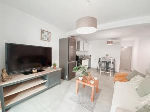 a living room with a large flat screen tv at 2 Chambres avec Balcon en Centre-Ville et Plage au Calme in Canet-en-Roussillon