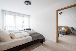 a bedroom with a large bed and a mirror at Dreamy Destiny Apartment in Budapest