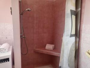 ein Bad mit einer Dusche und einer rosa gefliesten Wand in der Unterkunft Le Cambridge Juan in Antibes + 14 Fotos