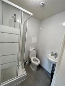 a bathroom with a shower and a toilet and a sink at Studio SN8 - Centre-Ville Meaux - Proche Disneyland in Meaux