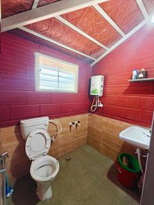 a red bathroom with a toilet and a sink at Lalitha Farm Stay in Tumkūr