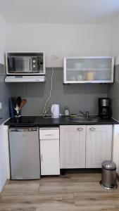 eine Küche mit Spüle und Mikrowelle in der Unterkunft RDC cosy en centre ville in Narbonne
