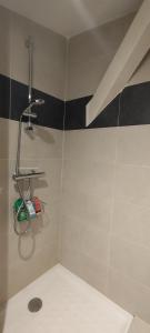 a bathroom with a shower with black and white tiles at Studio indépendant contre la Cathedrale - ancien couvent - 4eme etage sans ascenseur in Le Puy-en-Velay
