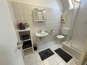 a small bathroom with a sink and a toilet at Gemütliche 1-Zimmer-Wohnung in Pfungstadt-Eschollbrücken in Pfungstadt
