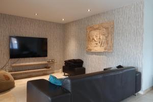 ein Wohnzimmer mit Sofa und Flachbildfernseher in der Unterkunft Den 118, aan de Maas in Maasmechelen