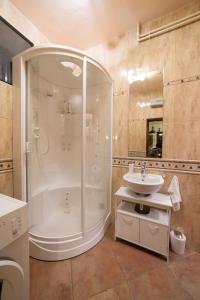 a bathroom with a shower and a sink at CASA NATURA - charming chalet with hot tub in Tuk Vojni