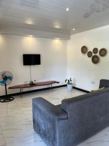 a living room with a couch and a tv at Kasuba Two Bedroom Apartment in Livingstone
