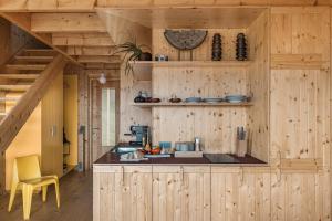 a kitchen with wood paneled walls and a counter at HONAY HOUSE with a stunning view of MOUNTAINS in Dursztyn