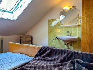 a bedroom with a bed and a sink in a attic at Haus am Kreuzberg in Medebach +38 photos