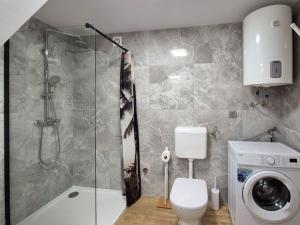a bathroom with a shower toilet and a washing machine at Bijeg u mir, Dvosobni apartman in Pula +7 photos