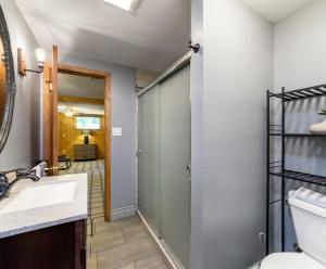 a bathroom with a toilet and a sink at Whiskey Creek Cottage- Private Lake Michigan Beach Frontage in Rothbury +30 photos