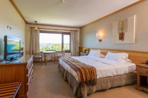 um quarto de hotel com uma cama e uma televisão em Hotel Cabaña Del Lago Puerto Varas em Puerto Varas